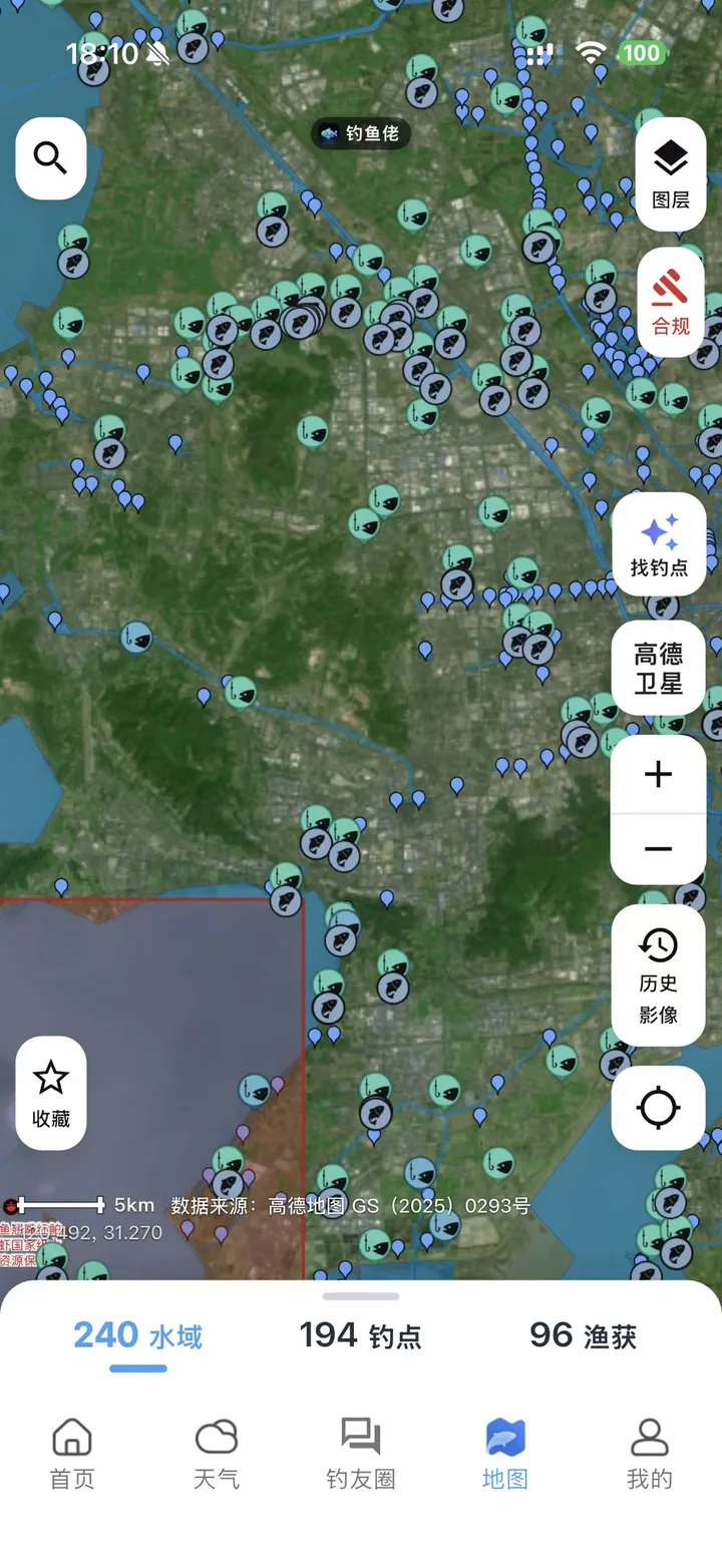 钓鱼地图：卫星底图上密布钓点标记，底部显示 240 水域、194 钓点、96 渔获